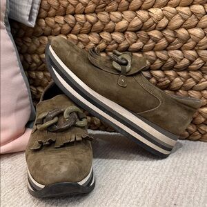 SOFTWAVES Olive Suede Fringe Loafers with Chunky Stripe Sole